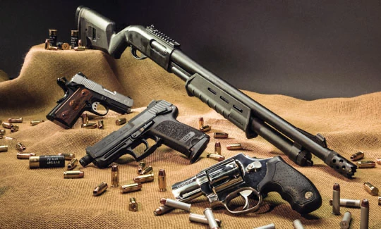 Firearms display inside The Alamo armory shop